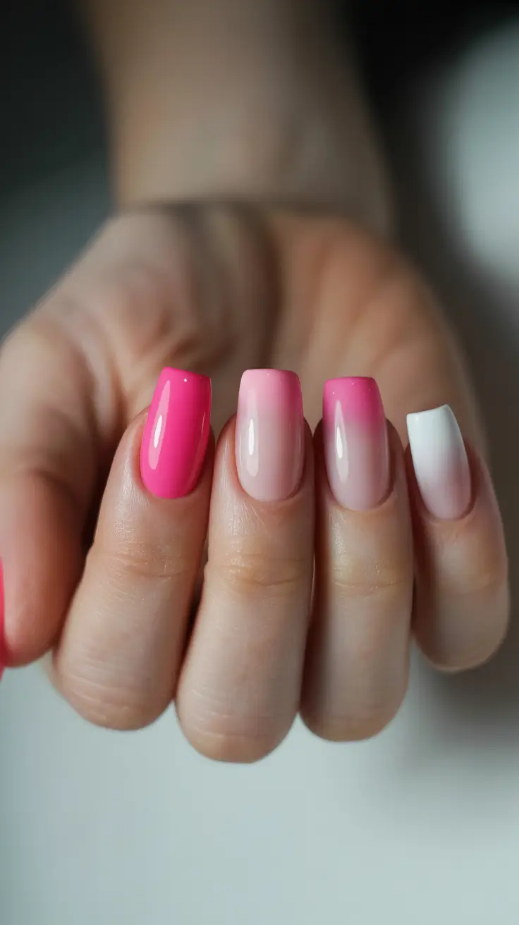 square nails ideas 2026 Pink Sorbet Gradient With Fresh White Accents