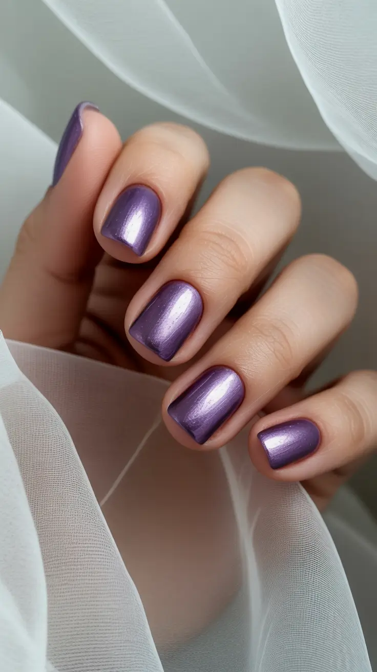 square nails ideas 2026 Metallic Lavender Glow for Subtle Evening Glam