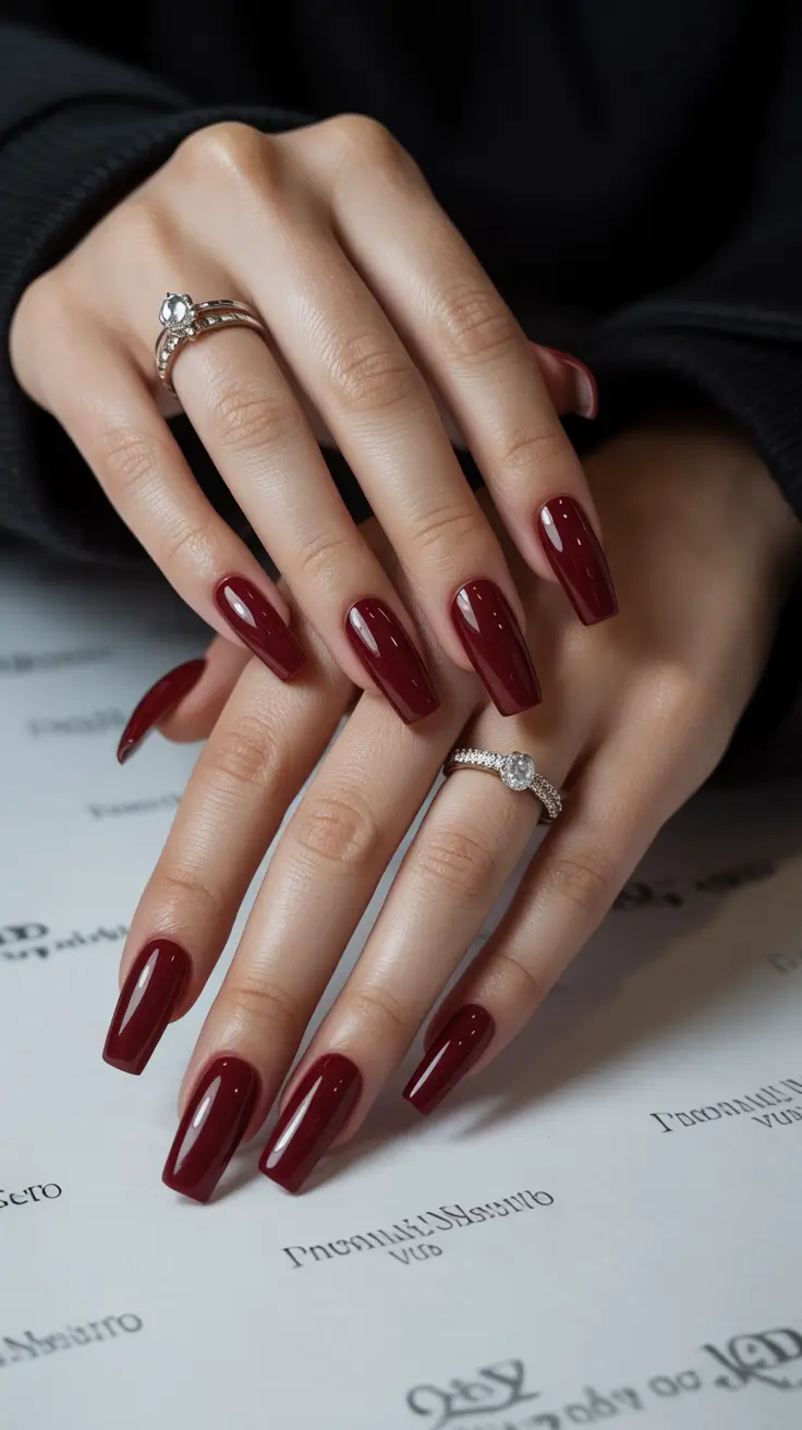 square nails ideas 2026 Rich Garnet Red for Luxe Evening Allure
