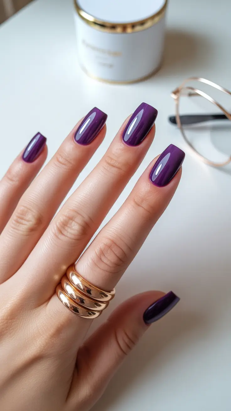 square nails ideas 2026 Rich Purple Glam With a Sleek Structure