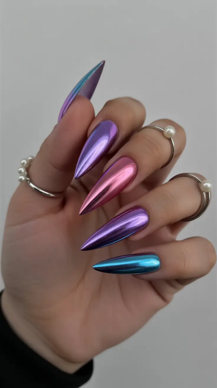 stiletto nail designs 2026 Chrome Mirage Spectrum