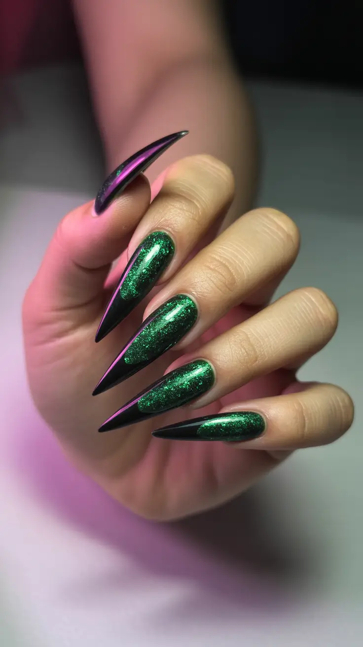stiletto nail designs 2026 Emerald Nightfall Dimension
