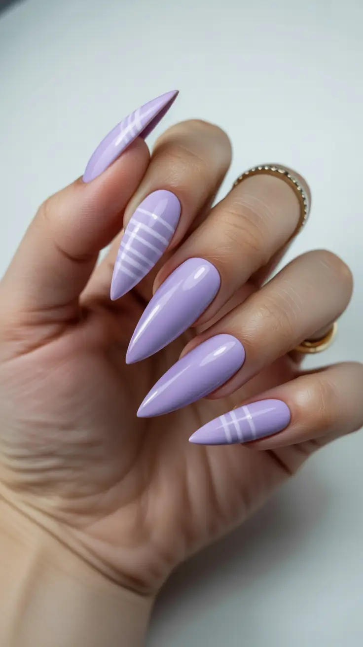 stiletto nail designs 2026 Lavender Ribbon Geometry