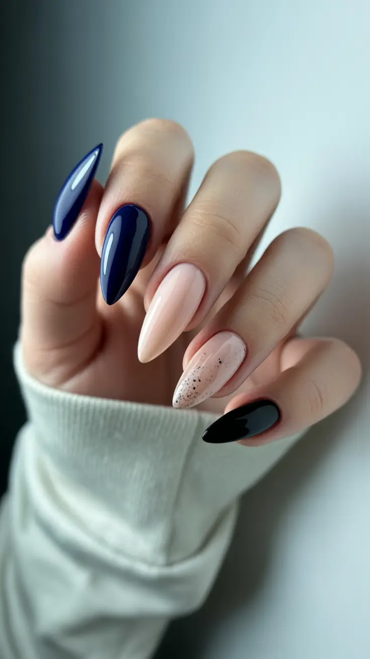 stiletto nail designs 2026 Midnight & Sandstone Fade