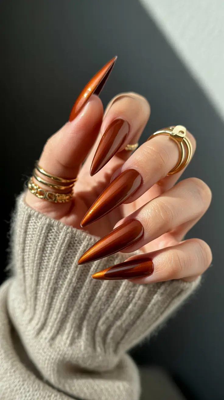 stiletto nail designs 2026 Burnt Caramel Blaze