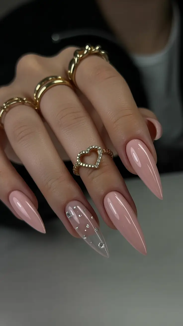 stiletto nail designs 2026 Soft Rose Crystal Veil