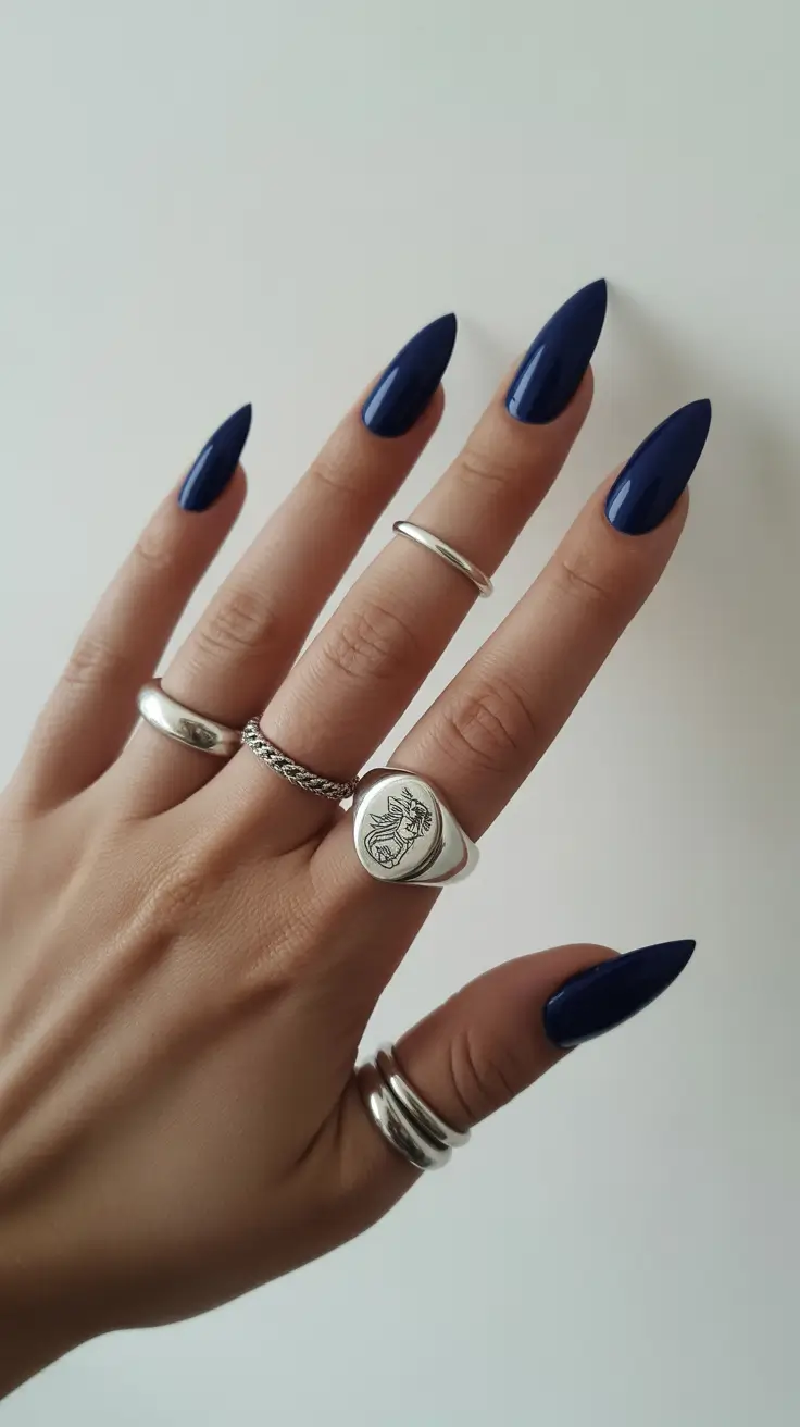 stiletto nail designs 2026 Deep Sapphire Minimalism