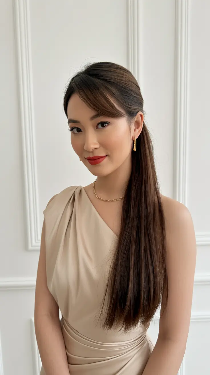 Straight hairstyle ideas 2026 Soft Half Up Style with Side Swept Fringe