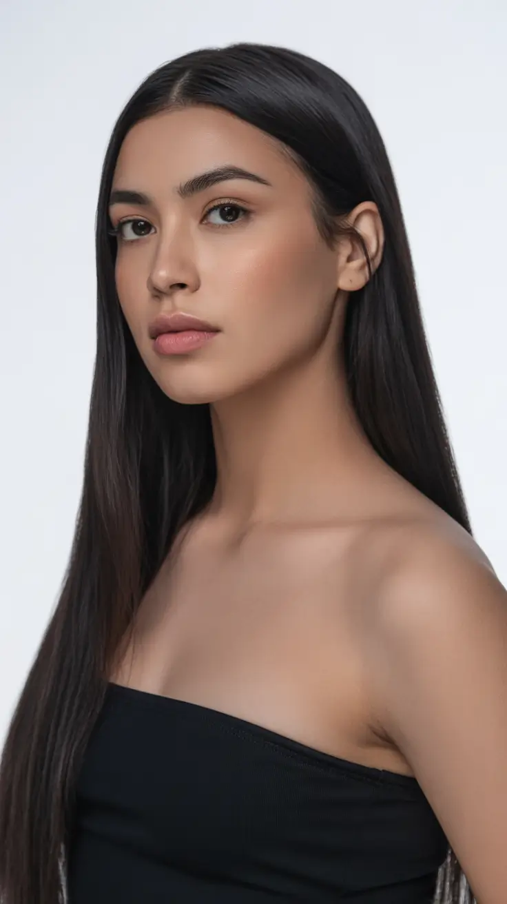 Straight hairstyle ideas 2026 Satin-Straight Lengths with Bare Shoulder Elegance