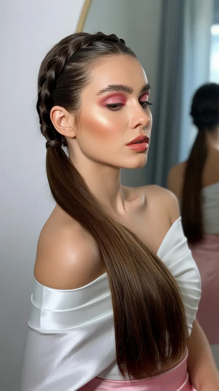 Straight hairstyle ideas 2026 Braided Crown into Sleek Pony