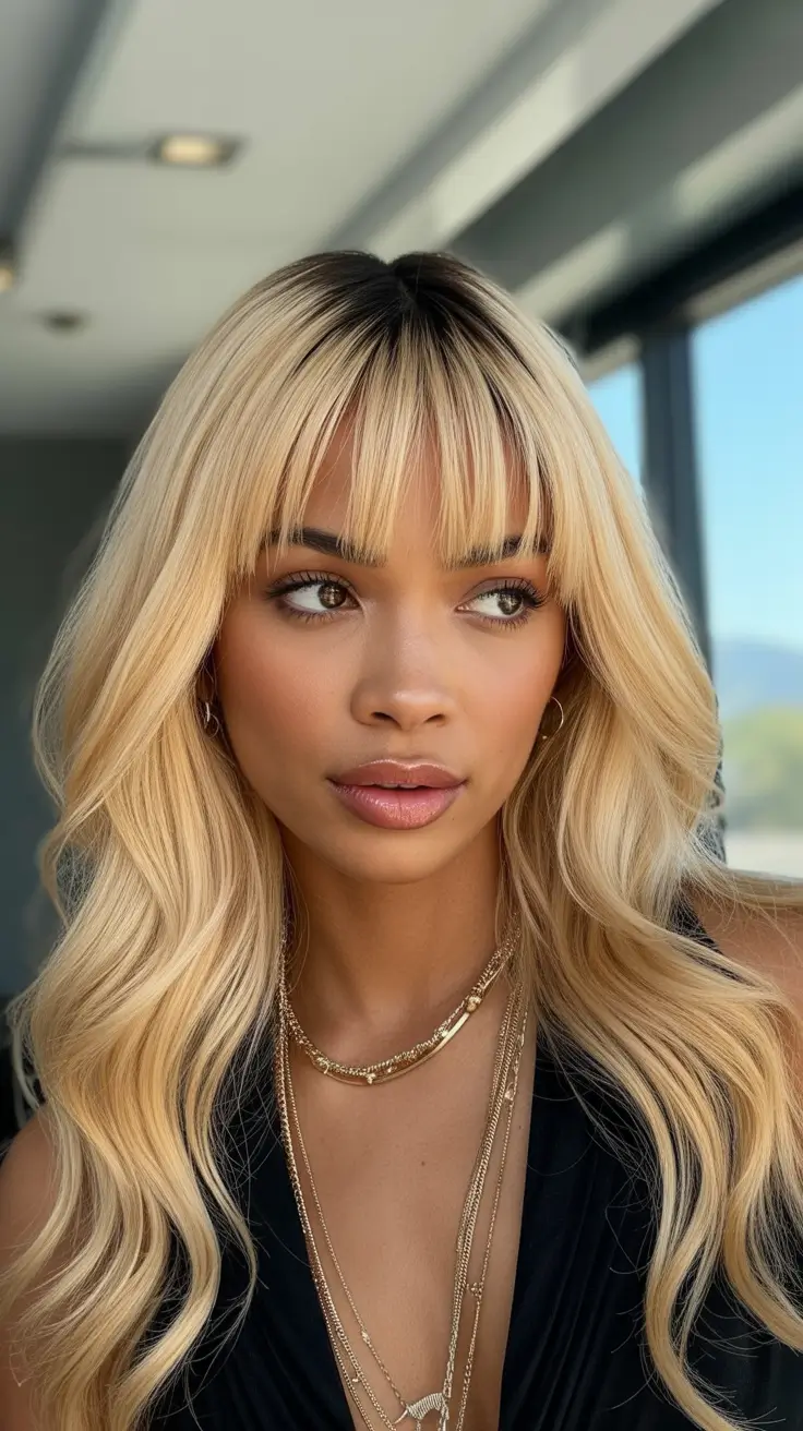 Stylish black women hairstyles 2026 soft blonde glam with fringe