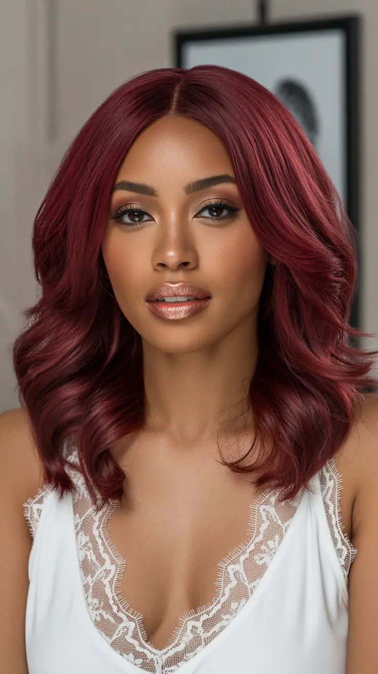 Stylish black women hairstyles 2026 crimson shoulder-length layers