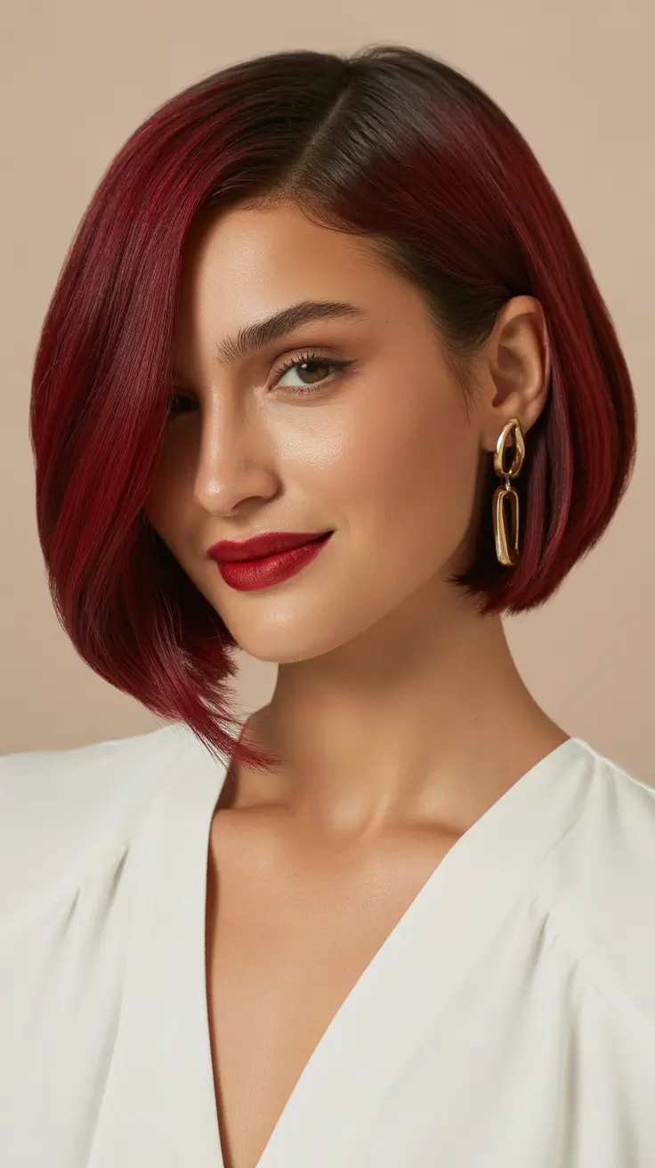Stylish bob cuts for women 2026 Deep Ruby Bob With Luxe Side Sweep