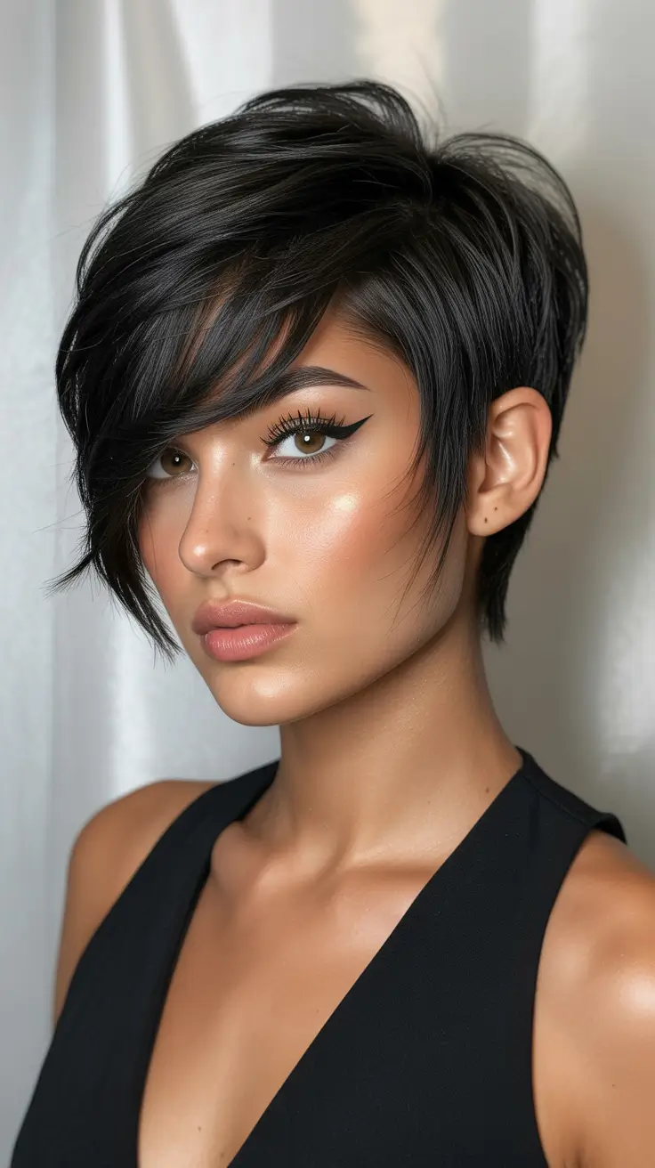 Trendy asymmetrical pixie haircuts 2026 Soft Jet-Black Asymmetrical Pixie With Sweeping Movement