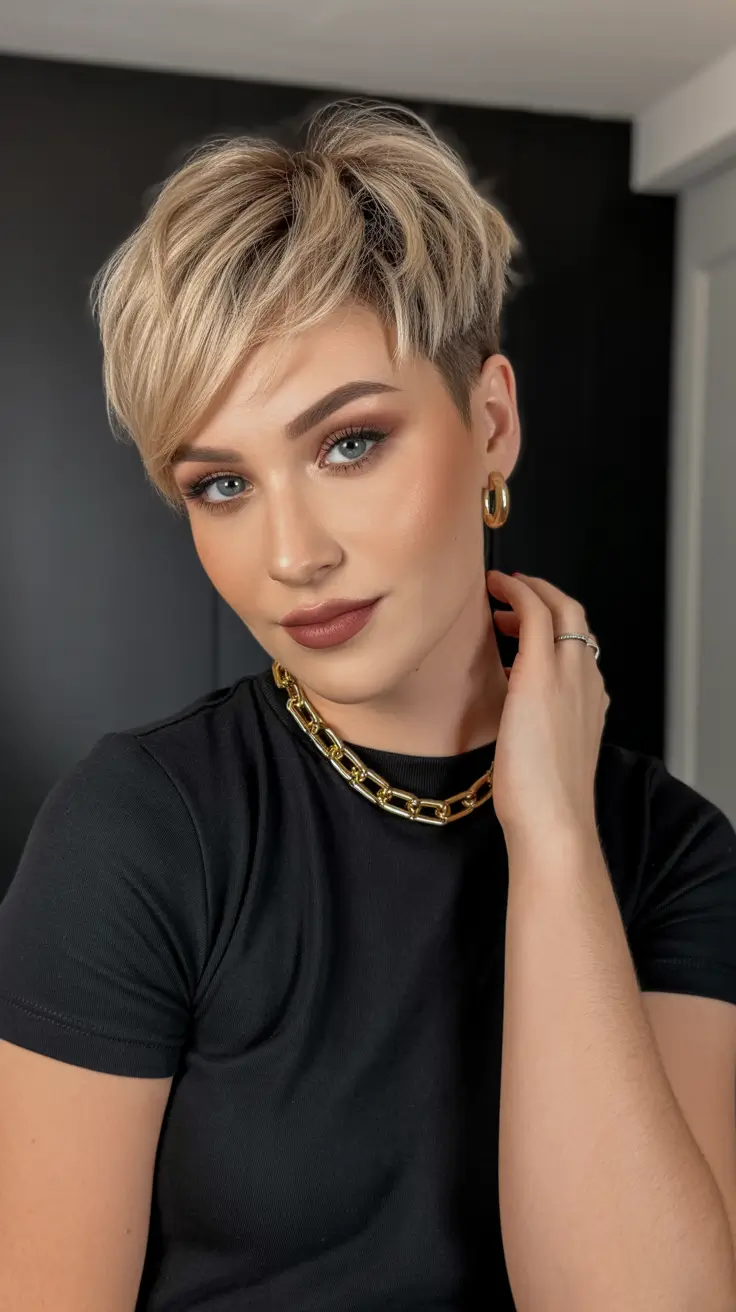 Trendy asymmetrical pixie haircuts 2026 Champagne Blonde Pixie With Tousled Volume and Soft Texture