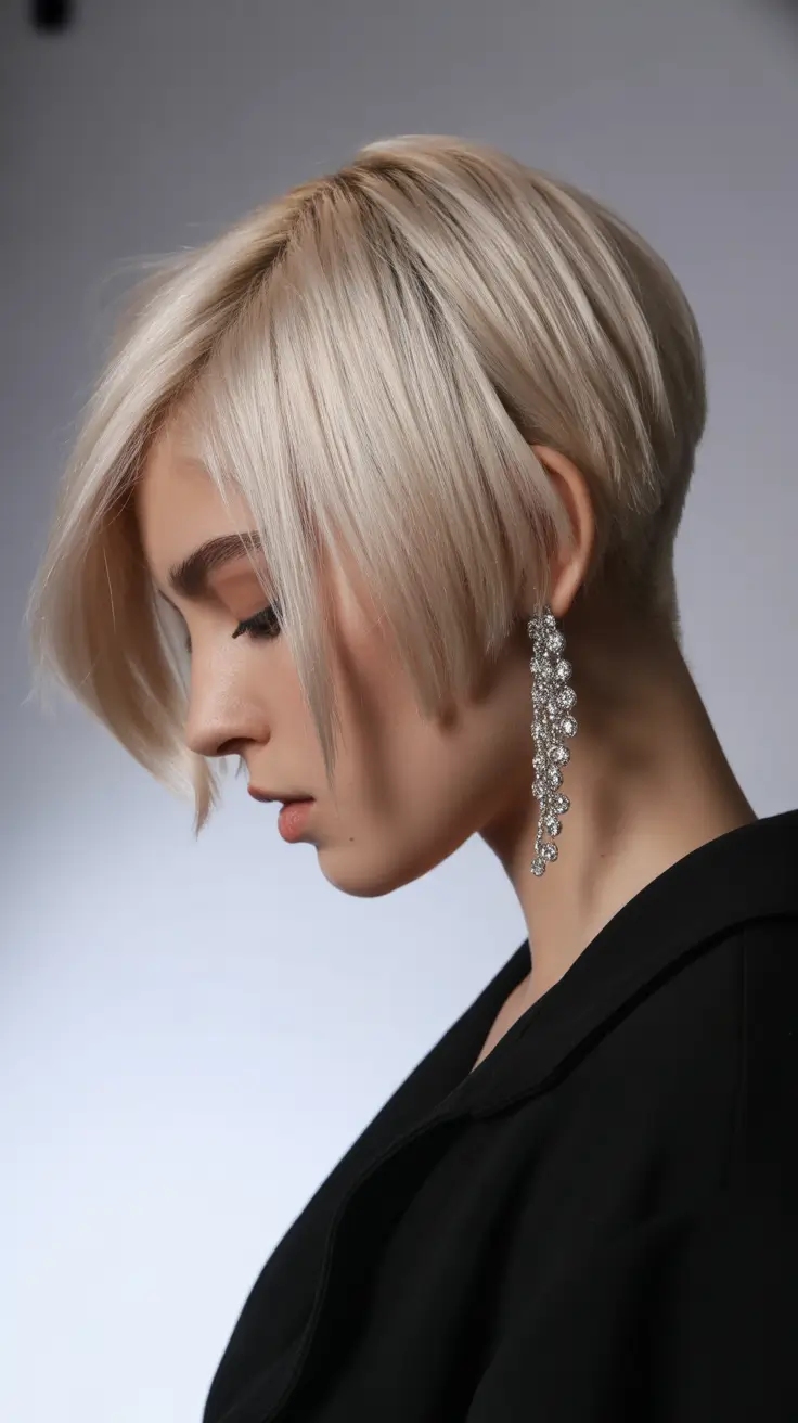 Trendy asymmetrical pixie haircuts 2026 Platinum Contoured Pixie With Sleek Asymmetrical Lines