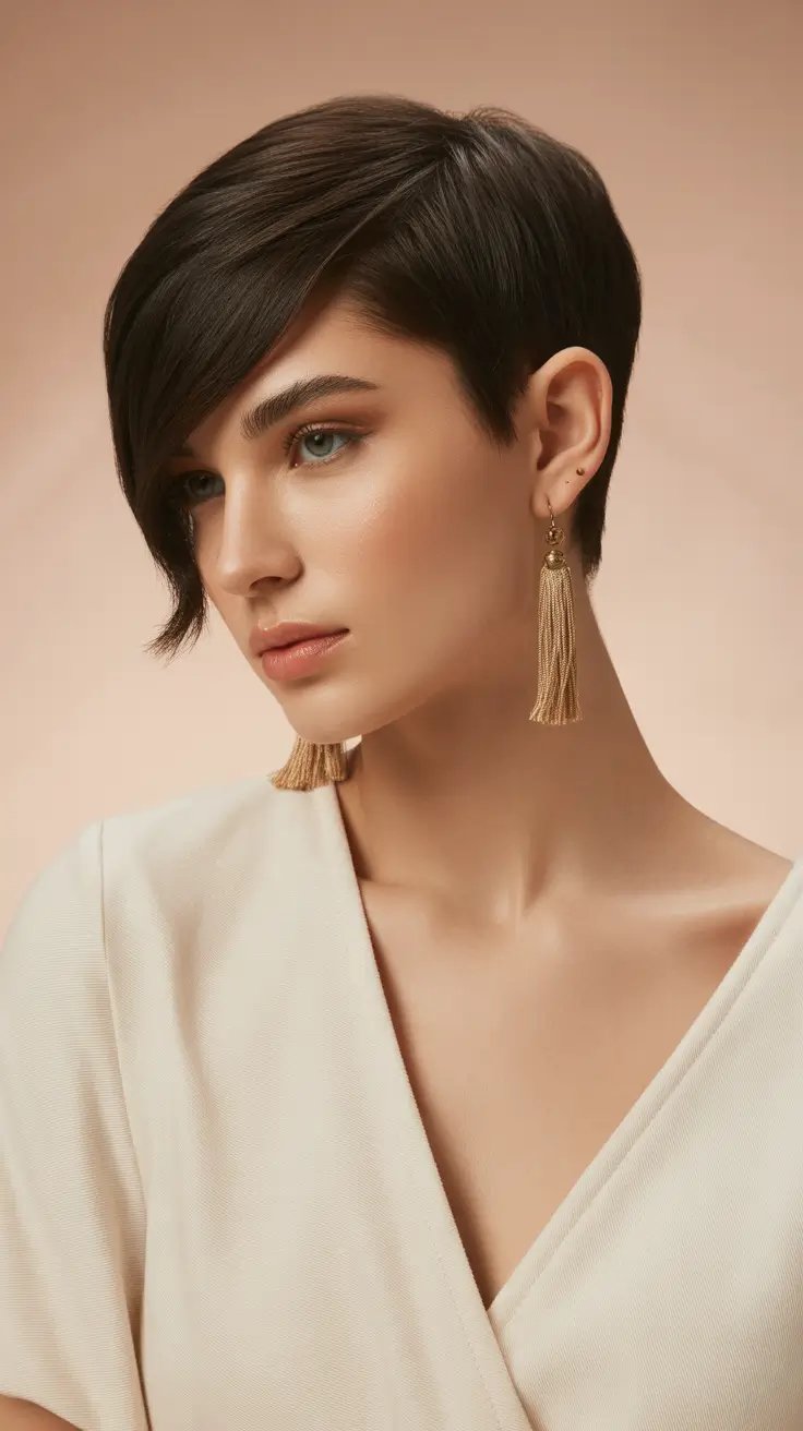 Trendy asymmetrical pixie haircuts 2026 Soft Espresso Pixie With Diagonal Fringe Definition