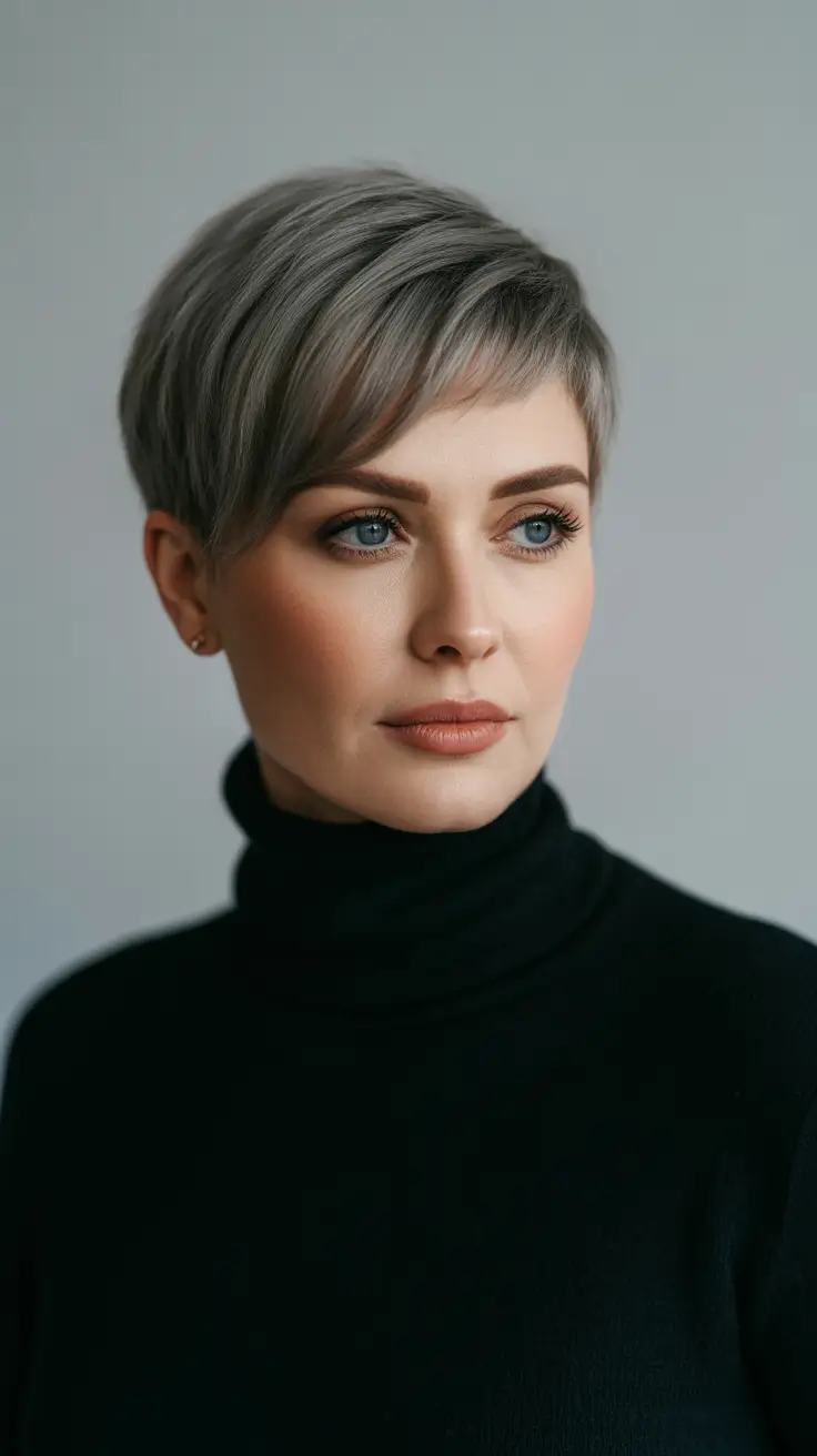 Trendy asymmetrical pixie haircuts 2026 Smoky Silver Pixie With Softly Layered Volume