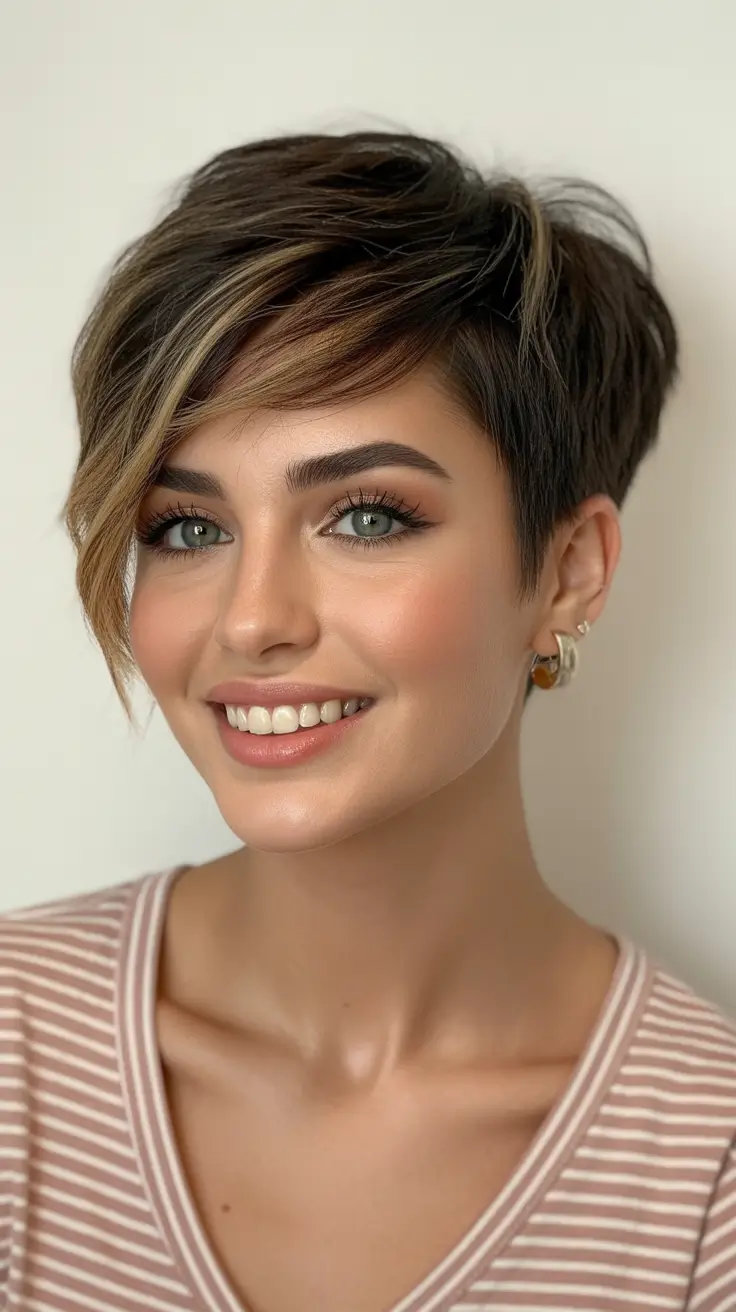 Trendy asymmetrical pixie haircuts 2026 Warm Brunette Pixie With Highlighted Sweeping Fringe
