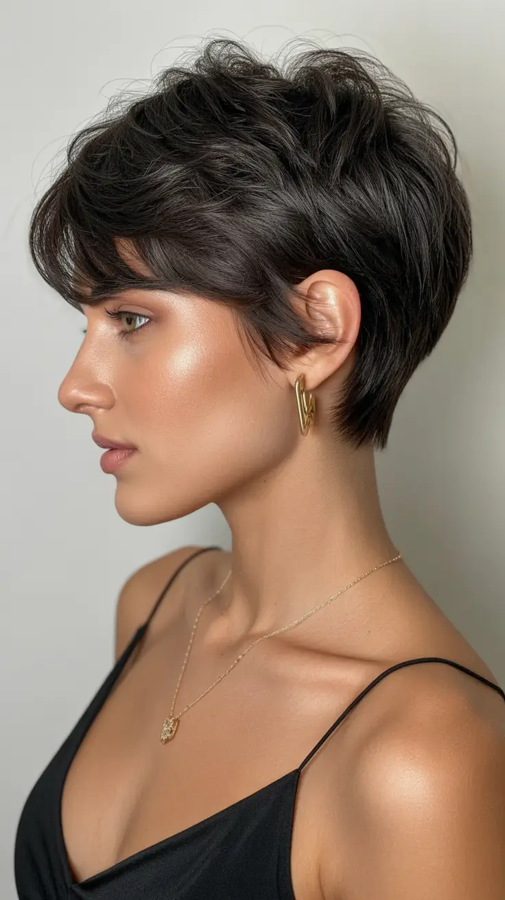 Trendy asymmetrical pixie haircuts 2026 Dark Chocolate Pixie With Soft Movement and Feminine Edge