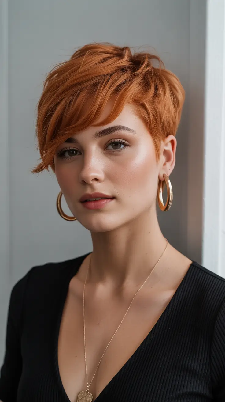 Trendy asymmetrical pixie haircuts 2026 Vibrant Copper Pixie With Wispy Asymmetrical Movement