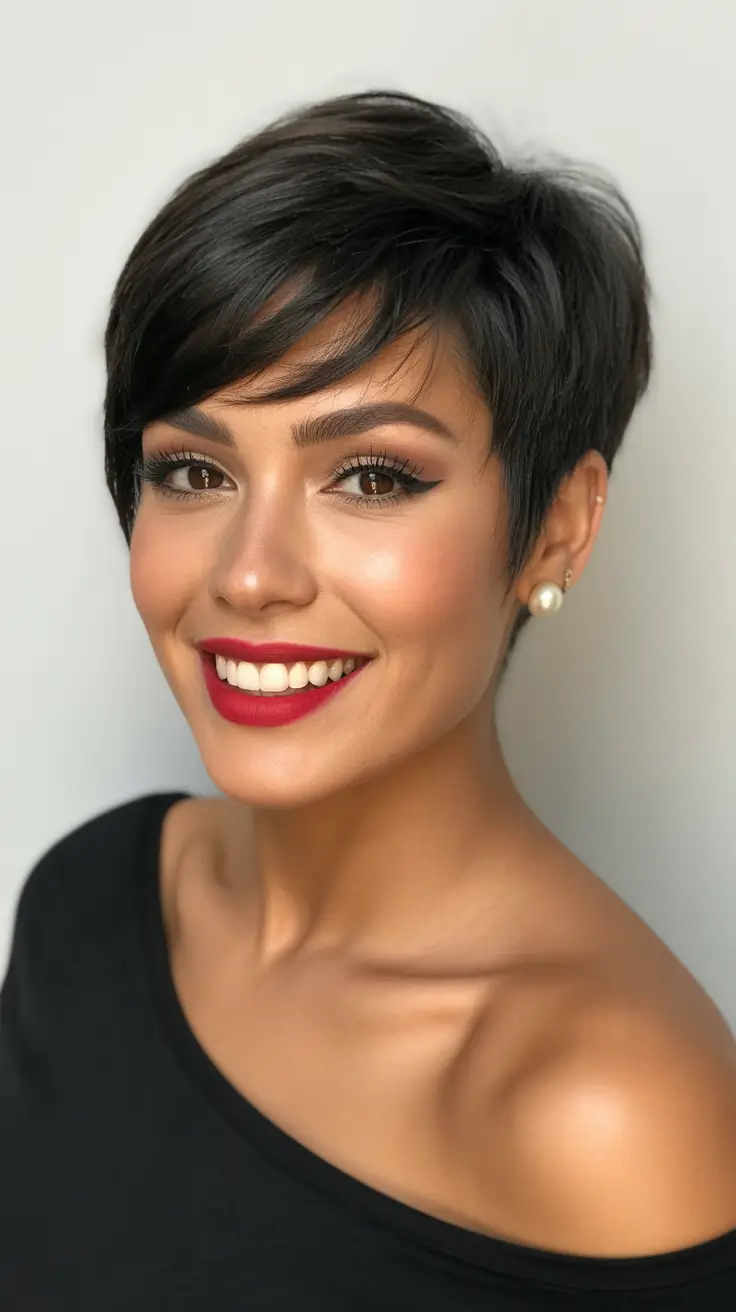 Trendy asymmetrical pixie haircuts 2026 Glossy Charcoal Pixie With Soft Volume and Refined Edges