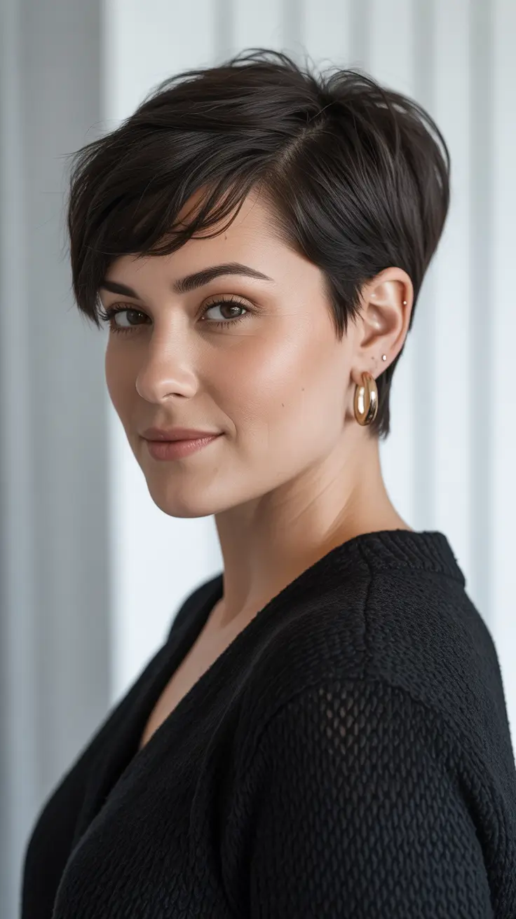 Trendy asymmetrical pixie haircuts 2026 Dark Espresso Pixie With Gentle Texture and Side-Swept Shape