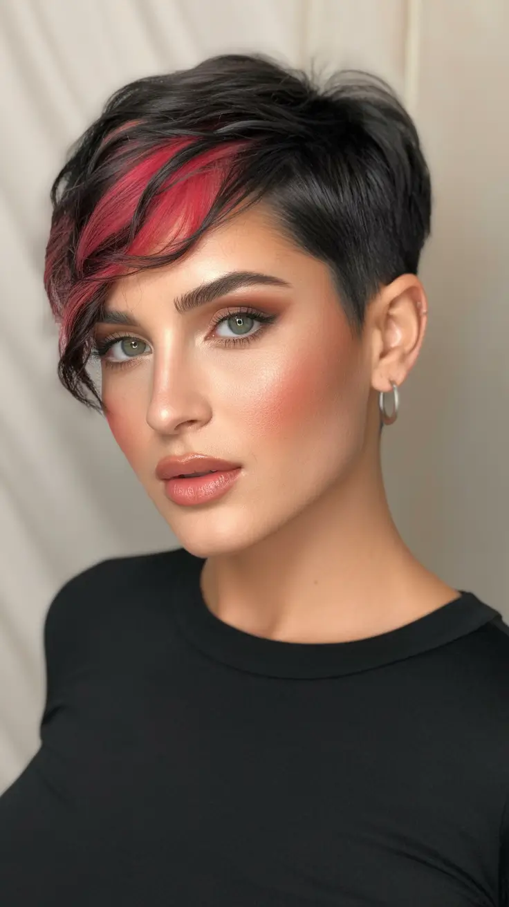 Trendy asymmetrical pixie haircuts 2026 Black Pixie With Cherry-Red Accent Fringe