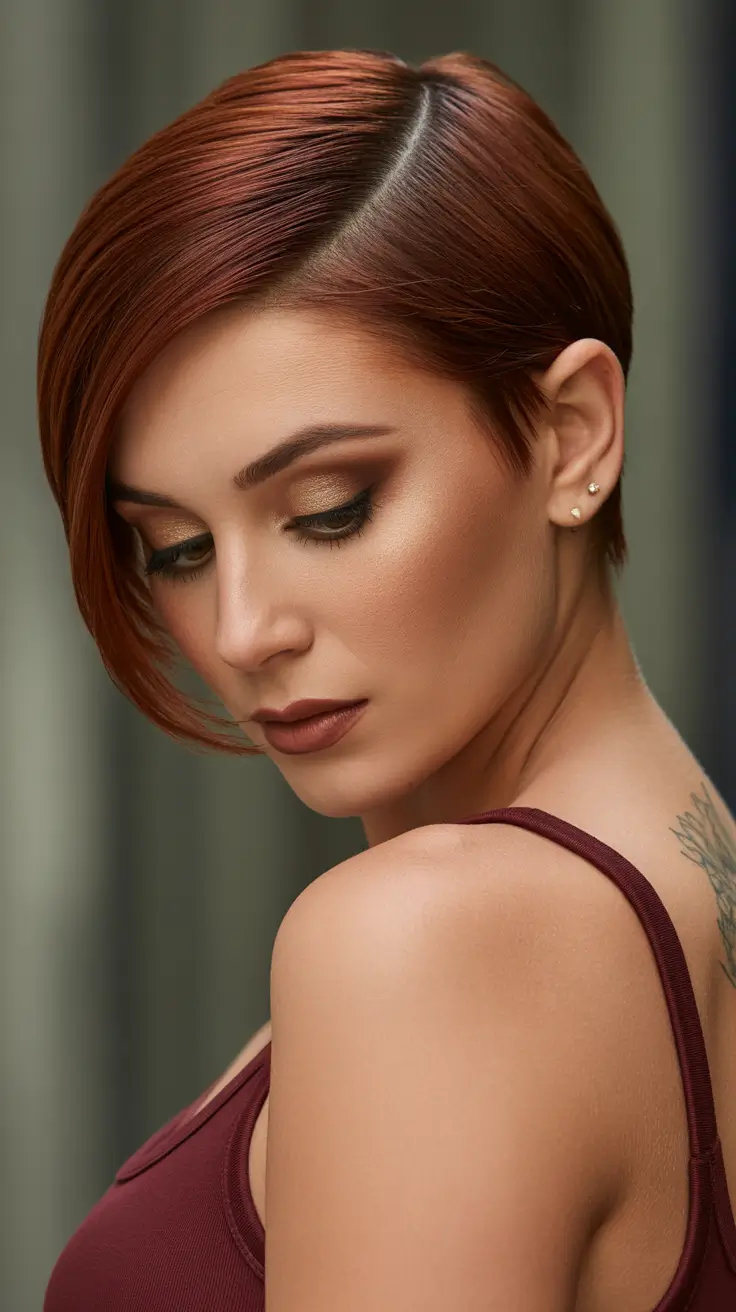 Trendy asymmetrical pixie haircuts 2026 Sleek Copper Side-Sweep With Precise Parting
