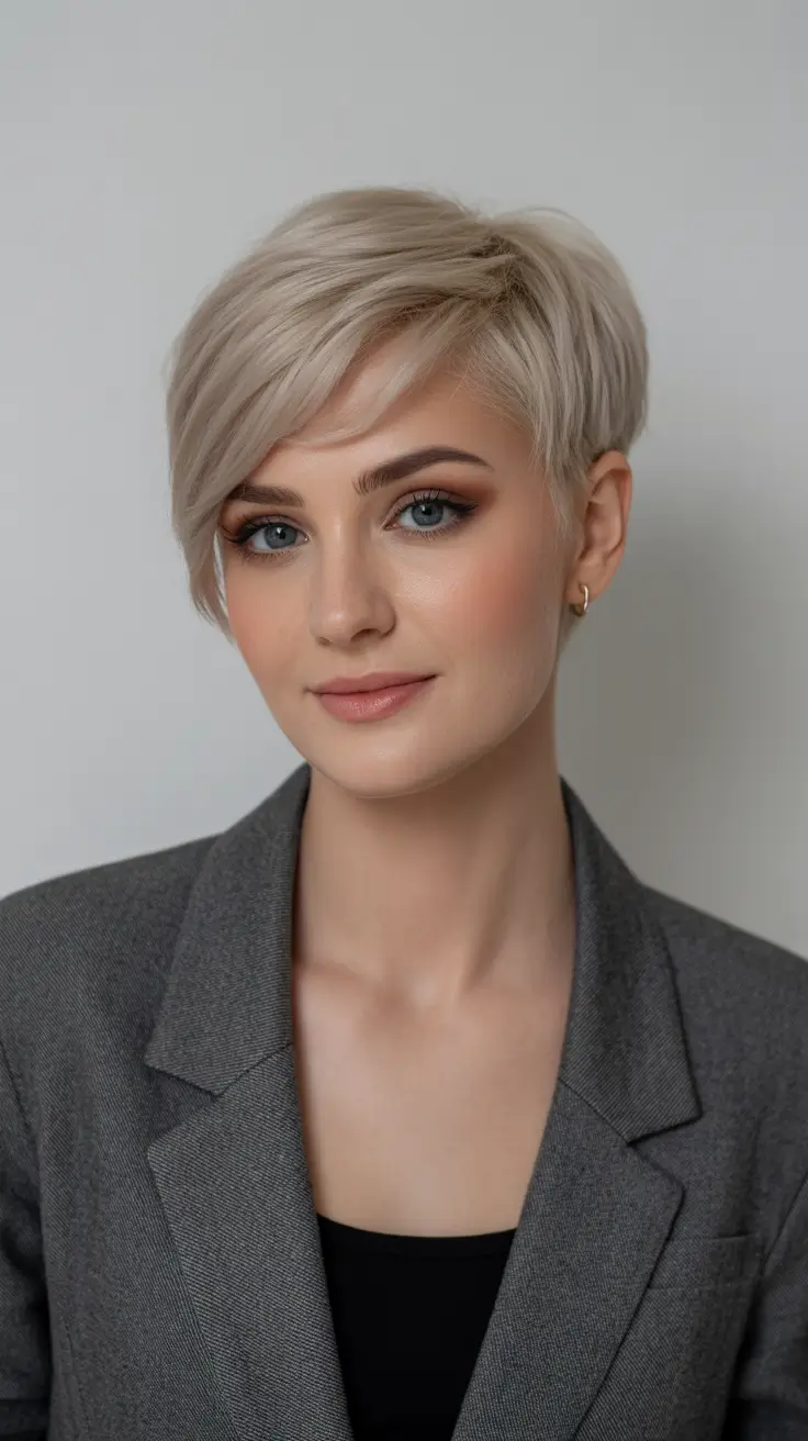 Trendy asymmetrical pixie haircuts 2026 Soft Pearl Blonde Pixie With Elegant Business-Chic Structure