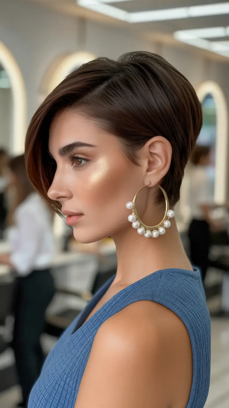 Trendy asymmetrical pixie haircuts 2026 Polished Chestnut Pixie With Sleek Asymmetrical Draping