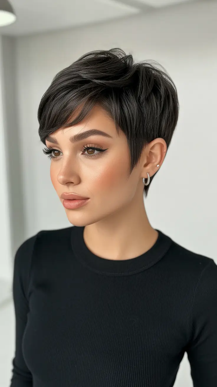 Trendy asymmetrical pixie haircuts 2026 Classic Deep Charcoal Pixie With Airy Feathered Texture