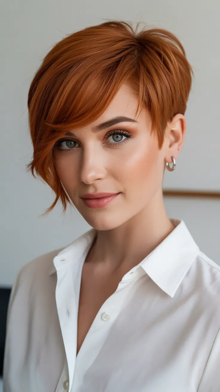 Trendy asymmetrical pixie haircuts 2026 Warm Ginger Pixie With Swinging Side Fringe