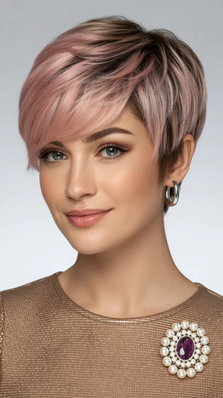 Trendy asymmetrical pixie haircuts 2026 Soft Pastel Rose Pixie With Cool-Blonde Dimension