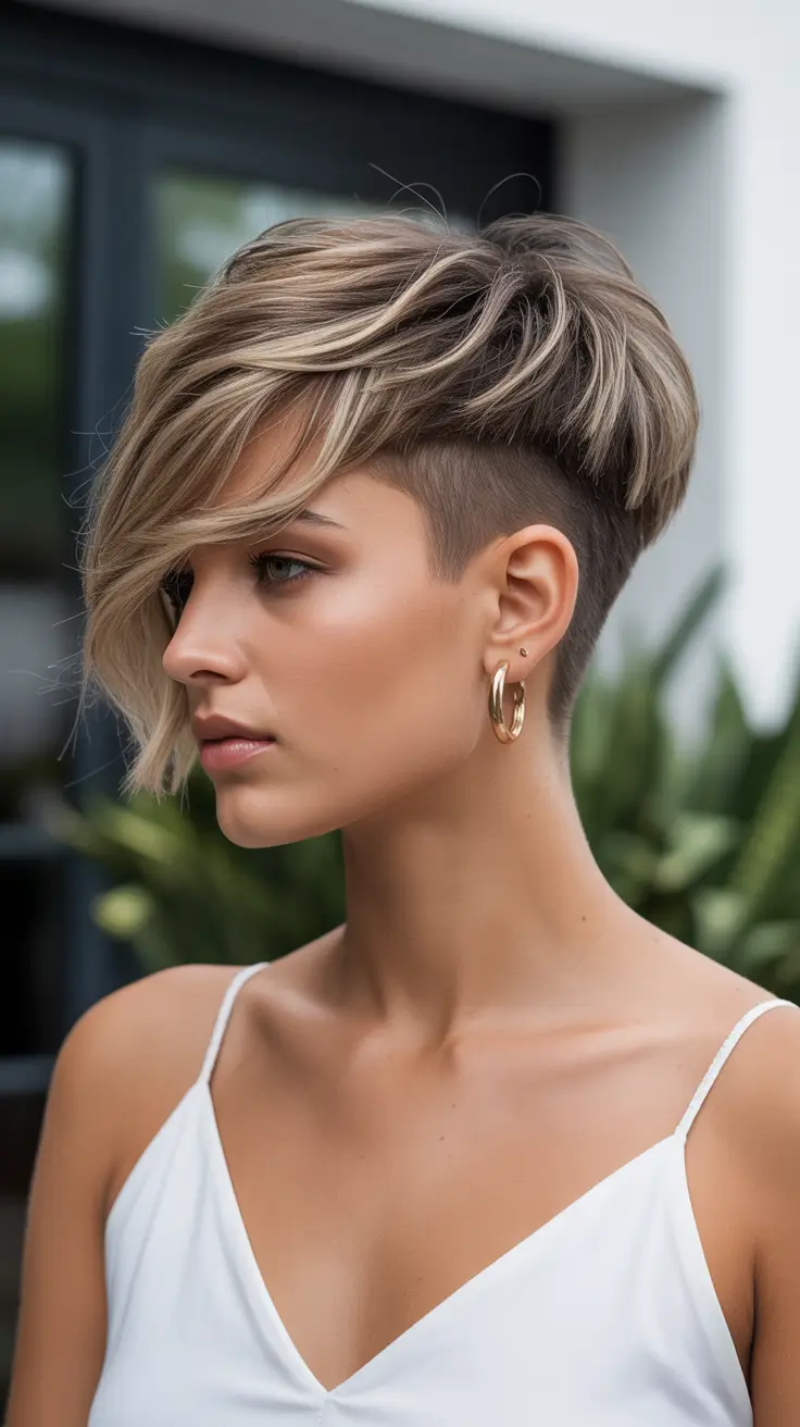 Trendy asymmetrical pixie haircuts 2026 Dimensional Blonde Undercut Pixie With Long Sweeping Fringe