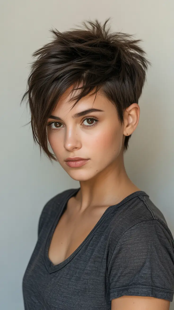 Trendy asymmetrical pixie haircuts 2026 Textured Dark Brunette Pixie With Edgy Layering