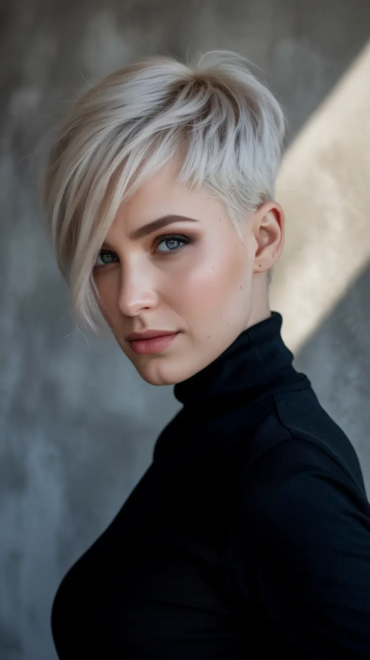 Trendy asymmetrical pixie haircuts 2026 Icy Blonde Pixie With Strong Asymmetry and Clean Sides