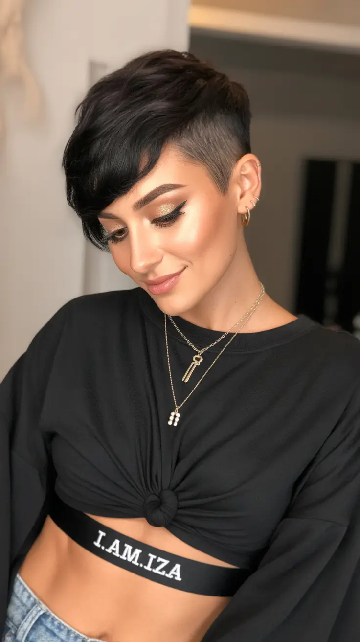 Trendy asymmetrical pixie haircuts 2026 Jet-Black Pixie With Sharp Undercut and Soft Curved Fringe