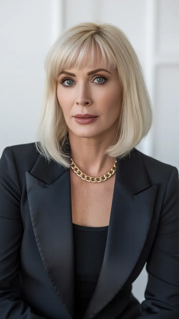 Trendy haircuts for women over 40 2026 Iconic Blonde Bob With Fringe