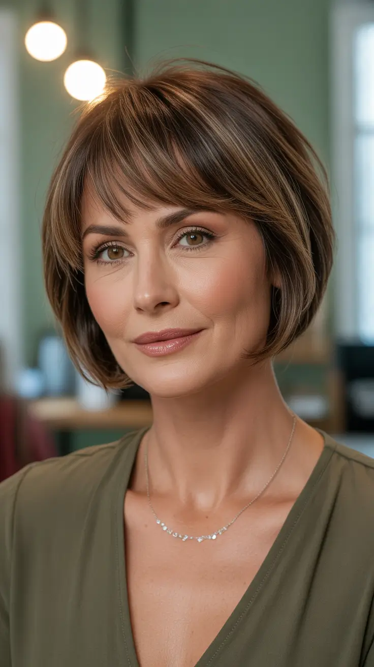 Trendy haircuts for women over 40 2026 Soft Textured Bob With Wispy Bangs