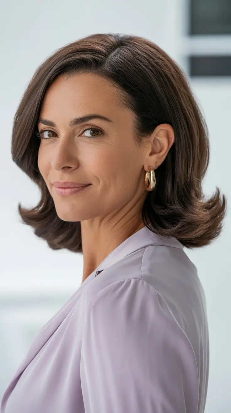 Trendy haircuts for women over 40 2026 Polished Mid-Length Flip