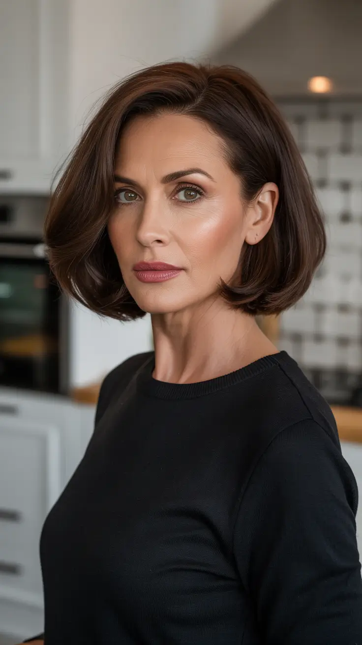 Trendy haircuts for women over 40 2026 Voluminous Side-Parted Bob With Classic Elegance