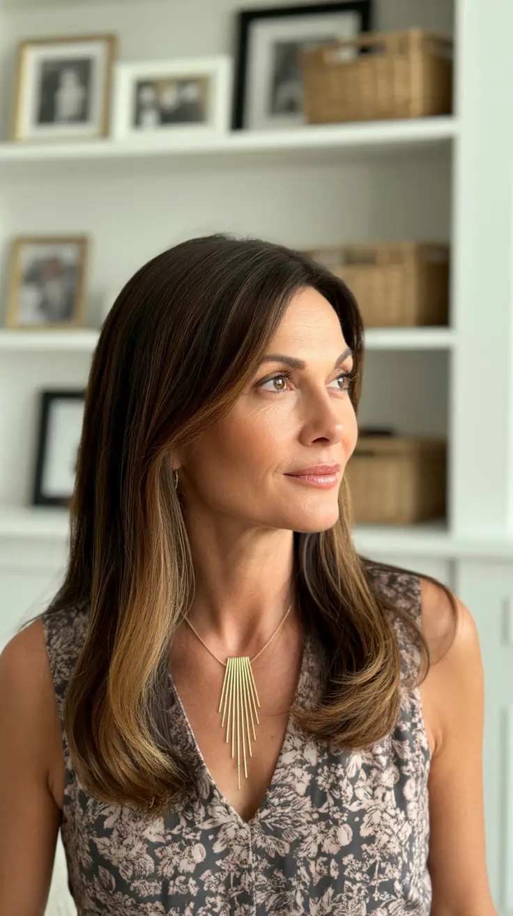 Trendy haircuts for women over 40 2026 Soft Long Layers With Subtle Balayage Warmth