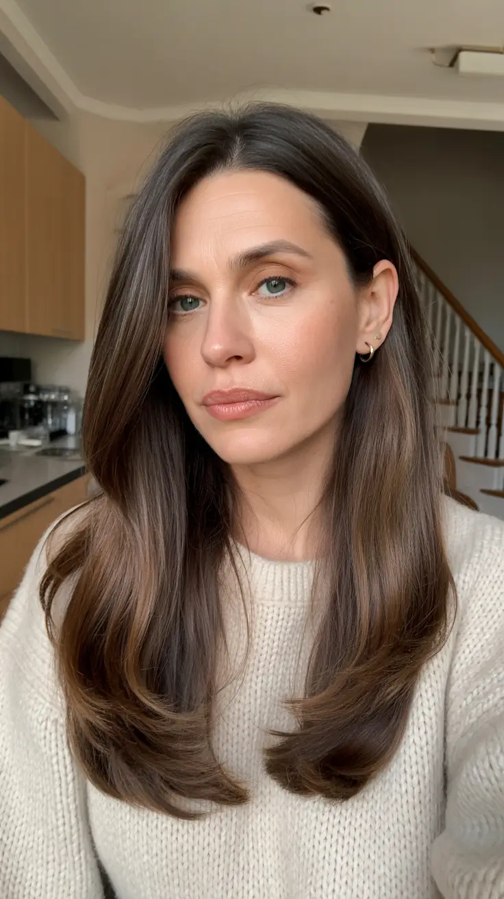 Trendy haircuts for women over 40 2026 Layered Long Cut With Feathered Ends