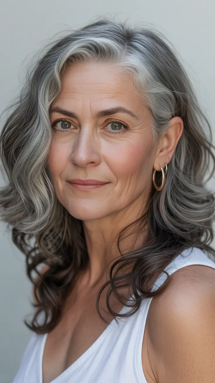 Trendy haircuts for women over 50 2026 Soft Silver Waves With Youthful Movement