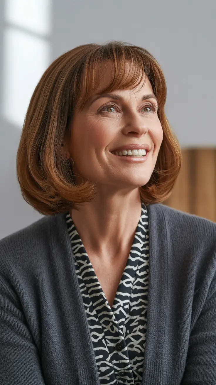 Trendy haircuts for women over 50 2026 Classic Rounded Bob With Soft Wispy Bangs
