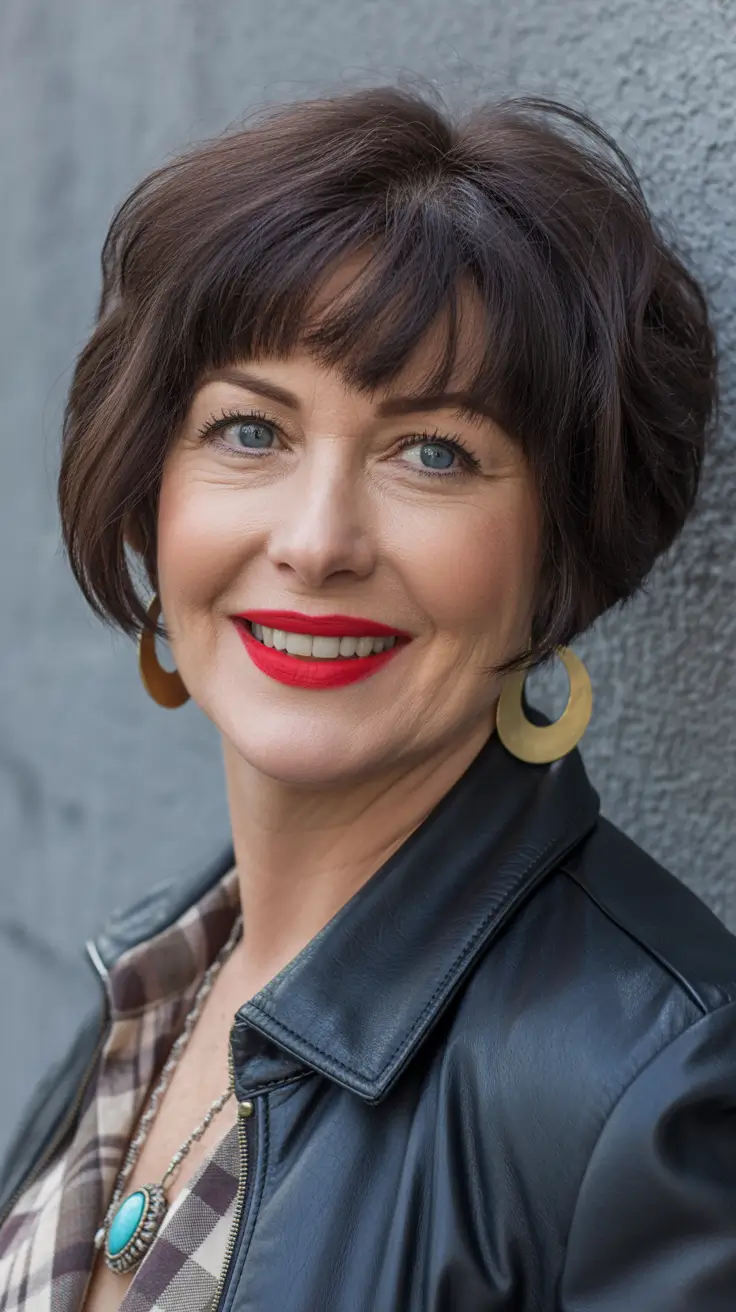 Trendy haircuts for women over 50 2026 Textured Brunette Pixie-Bob With Soft Fringe