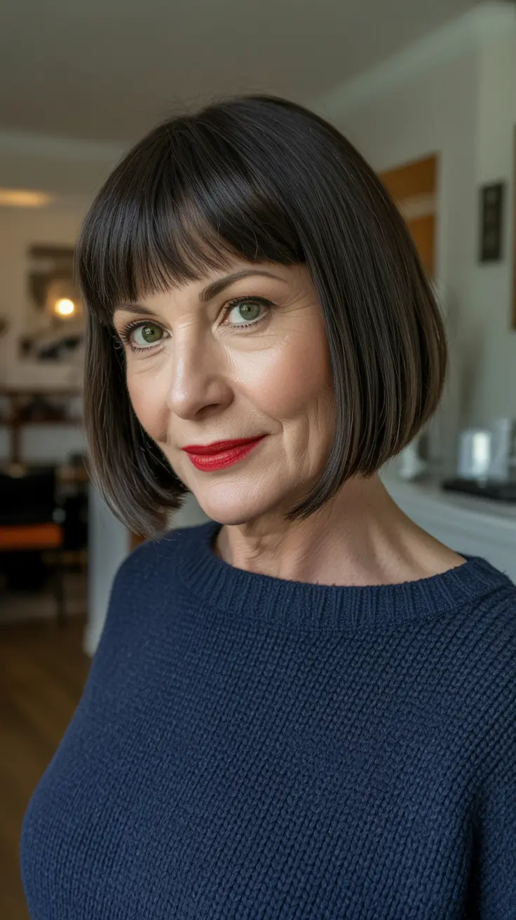 Trendy haircuts for women over 50 2026 Polished Chocolate Bob With Blunt Modern Bangs