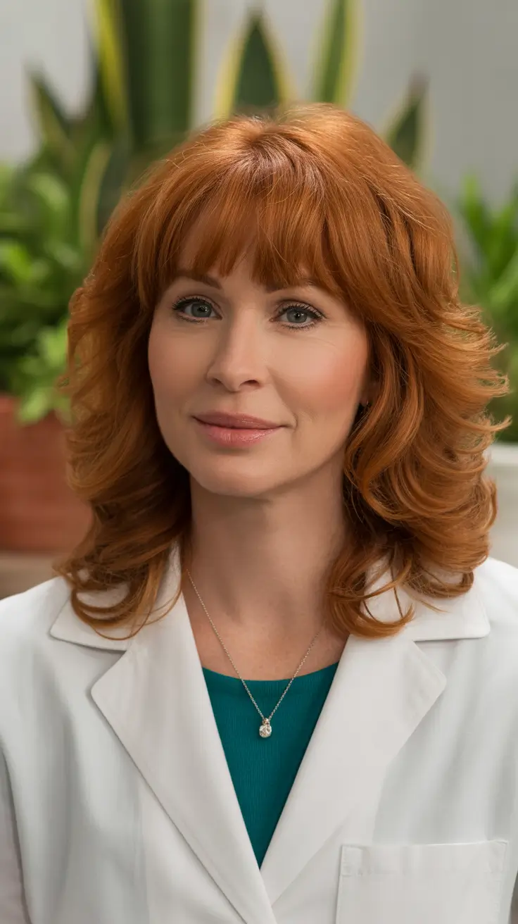 Trendy haircuts for women over 50 2026 Layered Copper Shag With Soft Curved Bangs