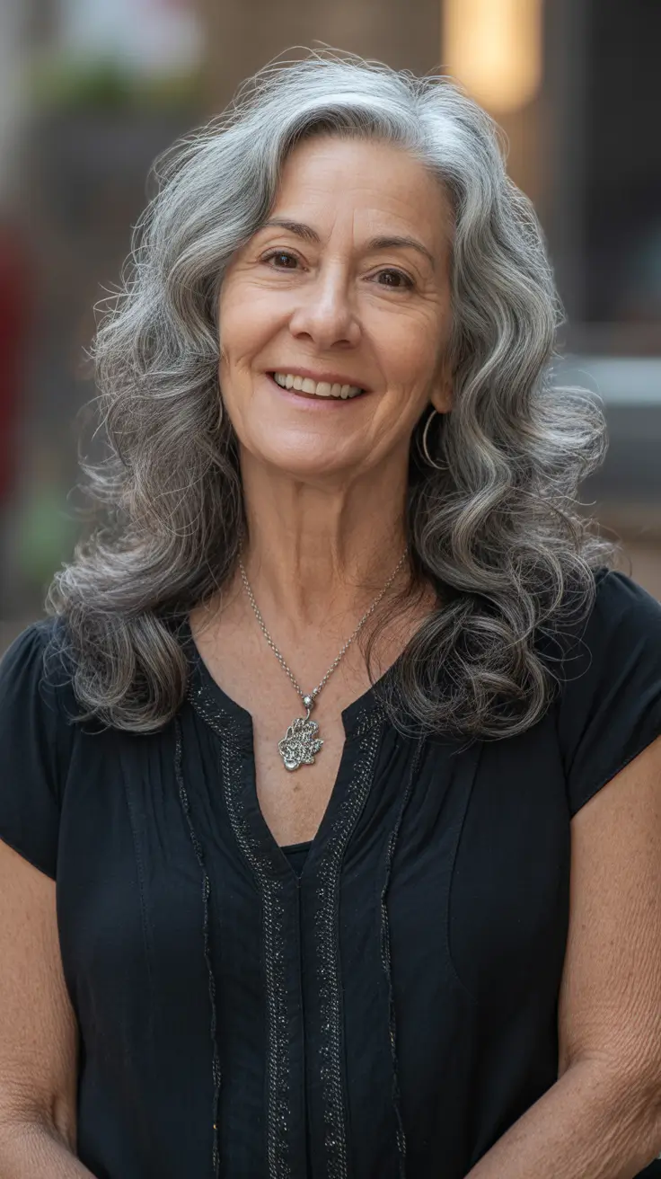 Trendy haircuts for women over 50 2026 Romantic Silver Waves With Long Layered Movement